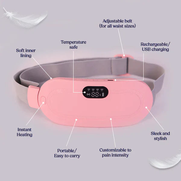 Pink heating pad with features labeled on a light gray background